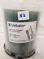 Photo showing Verbatim CD-R Inkjet Printable 100 discs in white hub printable spindle with label and speed/capacity details.