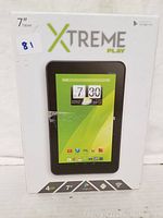 Box of XTreme 7 inch tablet featuring XTREME PLAY branding, 4GB storage, Android, and Google Play support.