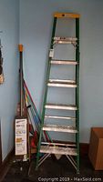 Green 7ft fiberglass step ladder with aluminum steps and a weight capacity label