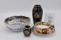 Full lot showing oriental bowl, Limoges vases, and Royal Crown Derby teacup with saucer