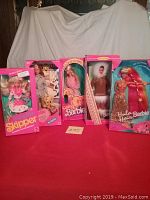 Five Barbie dolls in original packaging displayed in a row: Skipper Babysitter, Barbie with Tweety Warner Bros., Kissing Barbie, Arctic Barbie, and Hula Hair Barbie.