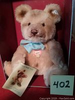 Front view of Steiff Jackie Bear showing blue ribbon, heart-shaped name tag, certificate card, and original box interior.