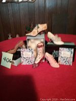 Photo of all 5 miniature collectible shoes displayed on a red surface with their original boxes and a lot number card labeled 406.