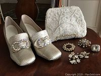 Photo showing all items including the shoes, beaded purse, clip earrings, brooches, and ring arranged together on a wooden surface.