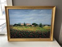 Full view of the framed painting showing the Tuscan poppy countryside under a blue sky with villas and cypress trees