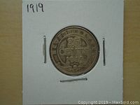 Front side of the 1919 silver 25 cents coin with denomination and year clearly visible.