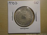 Obverse of the 1970D German 5 Reichsmark coin showing denomination and year