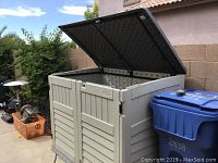 Full view of shed outdoors with lid open showing overall condition