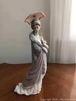 Front view of the Lladro Damita Milanese lady figurine showing her elegant posture, flowing coat, and parasol umbrella.