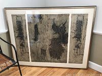 Full view of the 3 piece modernist abstract art set matted and framed, approx 53 x 42 inches.