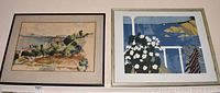 Two framed artworks side by side, serigraph print on right and watercolor on left