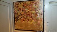 Framed pastel artwork titled 'Stamen' by David Barbers depicting tree branches with autumn leaves.