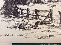 Close-up photo showing part of a sketch with a rustic fence, a small dog, and signature by Raymond Croft Woods with the title 'Days End'