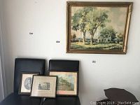 Four framed artworks: one large original watercolour by John Hare and three smaller vintage prints including a portrait of Robbie Burns.