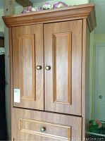 Front view of wooden storage cupboard showing two doors at top and one drawer below