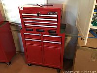 Front view of red Waterloo Shop Series top chest mounted on rolling tool cabinet