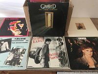 Photo showing 8 LP records partially displayed in a cardboard box, including Shirley Collins, Elvis Presley, Steve Earle, and Garfield records.