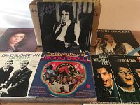 Photo showing a selection of seven LP album covers including artists Ricky Springsteen, David & Jonathan Michelle, Chad Mitchell Trio, and a compilation 'The Happy Days of Rock & Roll'