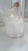 Clear close-up photo of the Royal Doulton Pamela figurine, showing front details and the flowing white dress with blue trim.