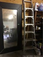 Full height view of the 12 step aluminum extension ladder leaning against a wall near a large mirror and wooden shelving units with assorted items.