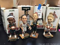 Four bobblehead figures of WNBA players Sue Bird, Lauren Jackson (two versions), and Swin Cash with original player boxes in the background.