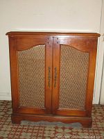 Front view of wooden record player cabinet with two mesh-panel doors and metal handles, standing on patterned floor.