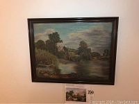 Full view of the original oil painting by Marcus Nakdimen depicting a river scene with a dark horse, framed and hung on a wall. A printed photo of the original Constable painting "The White Horse" is placed below for comparison.