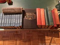 Photo showing the full spread of twenty books laid out side by side on a table, displaying spines and cover details.