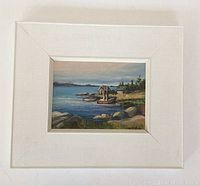 Original coastal landscape painting with boats and rocky shoreline, framed with white textured mat.