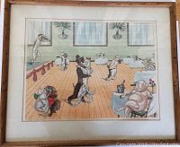 The full framed print featuring the painted scene of anthropomorphic dogs dancing in a ballroom with tables and plants.