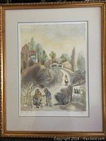 Full view of framed limited edition signed print with rural landscape and figures.