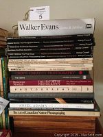 Stack of photography books featuring 'Walker Evans' and multiple 'Masters of Contemporary Photography' titles by Alskog/Crowell.