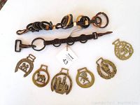 Complete lot shown with leather reins and brass horse decorations laid out on white background. Rein length and shape clearly visible, brass details visible.