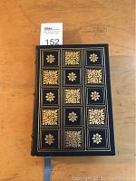 Front cover of blue leather bound book with gilt tooled floral patterns in squares, no visible damage.