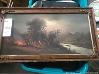 Full view of framed pastel landscape showing overall composition, frame style, and condition