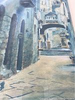 Close-up of the watercolour painting showing the street and building details.