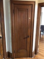 Oak interior door installed in opening, showing raised panel design and lever handle.