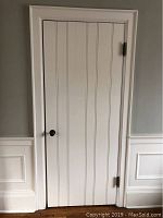 White painted oak interior door with vertical recessed panels installed in wall