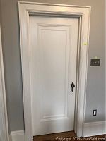 Full view of the painted oak door installed in a wall with jamb, showing the white paint and molding detail.