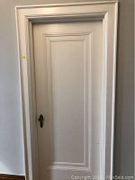 Front view of the painted white door with recessed panel design within jamb.