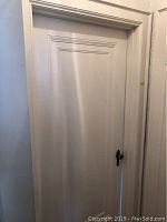 Full view of painted interior door with paneled design and cream color paint