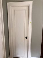 Full view of painted white interior door with raised panels and black metal knob installed.