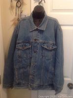 Front view of a men's Route 66 blue denim jean jacket on a mannequin, showing button front closure and chest pockets.
