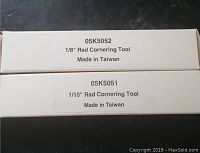 Original white boxes labeled 1/8" and 1/16" Rad Cornering Tool, Made in Taiwan.