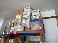 Multiple shelves filled with stacked plastic tubs and cardboard boxes containing Beanie Babies and related items