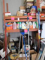 Photo of shelves with household chemicals, cleaning supplies, mop bucket, and brooms