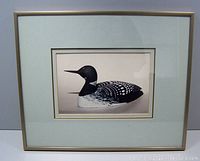Framed picture of a sleeping loon decoy, showing full frame and matting, with the loon positioned centered and angled right.