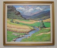 Full view of the framed original landscape painting showing a rural scene with stream, hills, trees, and mountains.