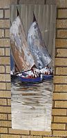 Front view of the artwork showing two sailboats with large sails painted on a rippled stainless steel panel mounted on canvas.