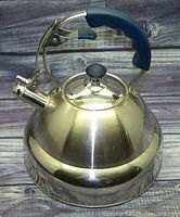 Front angle view showing polished stainless steel kettle with black handle and spout cap.